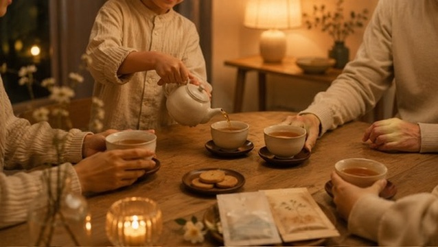 家族の食卓で、子どもが紅茶をいれるシーン