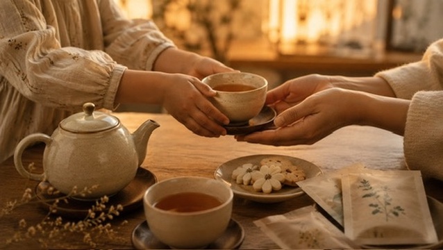 紅茶を手渡す、ふたつの手