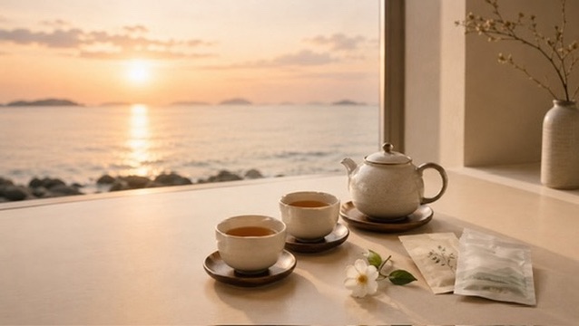 夕凪の海を背景にした、紅茶のある静かなテーブル