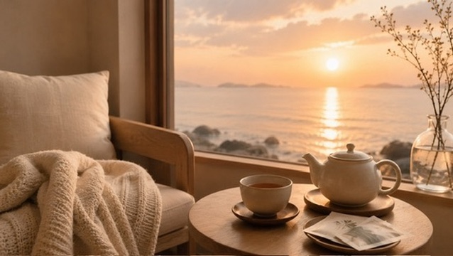 窓辺の椅子と、夕暮れの海、一杯の紅茶