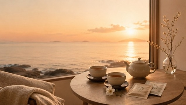夕凪の海を眺めながら、ふたつの紅茶